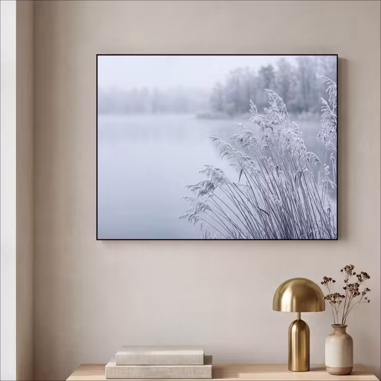 Riet - Bevroren - Winter - Natuur Textielframe zwart klein -sfeer2