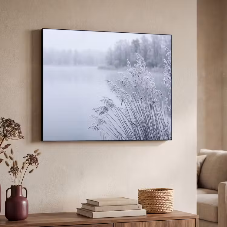 Riet - Bevroren - Winter - Natuur Textielframe zwart klein -sfeer3
