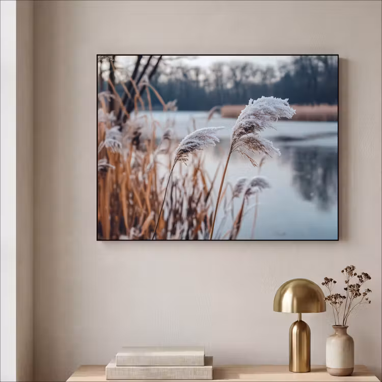 Riet - Gras - Natuur - Winter - Meer Textielframe zwart klein -sfeer2