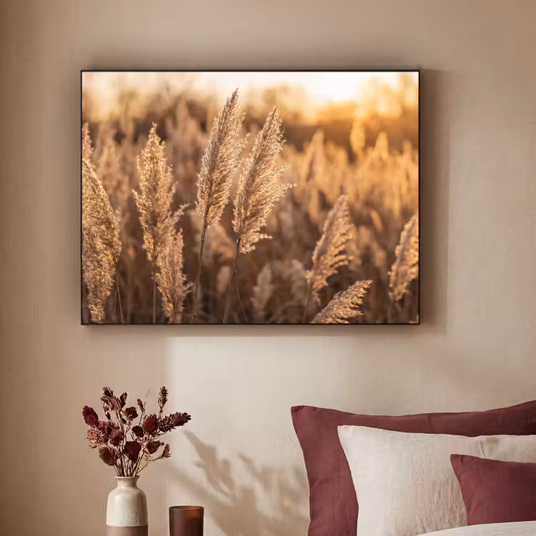 Rietpluimen - Gras - Zonsondergang - Goud - Serene Textielframe zwart klein -sfeer1