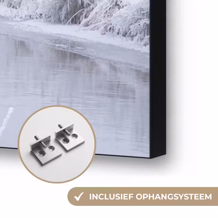 Rivier - Sneeuw - Bos - Winter - Schilderachtig Textielframe zwart klein -USP_ophangsysteemNL