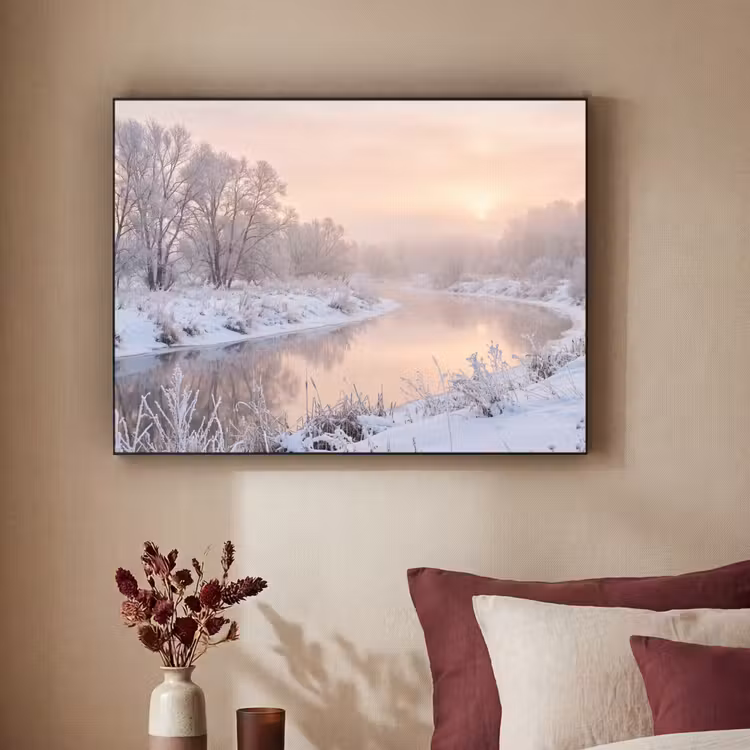 Rivier - Winter - Landschap - Sneeuw - Zonsopgang Textielframe zwart klein -sfeer1