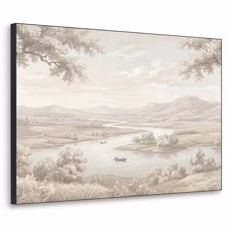 Rivierlandschap - Bergen - Natuur - Vintage - Beige Textielframe zwart klein -3d