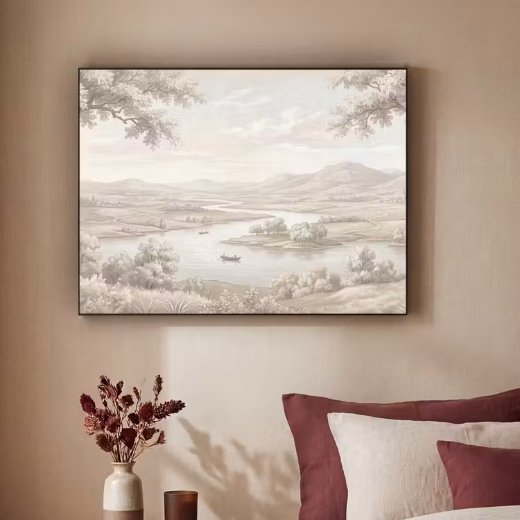 Rivierlandschap - Bergen - Natuur - Vintage - Beige Textielframe zwart klein -sfeer1