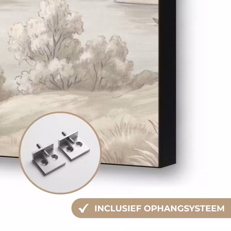 Rivierlandschap - Bergen - Natuur - Vintage - Beige Textielframe zwart klein -USP_ophangsysteemNL