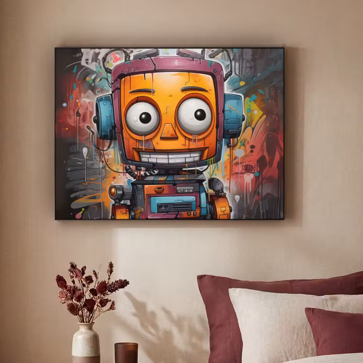 Robot - Graffiti - Oranje - Kleuren Textielframe zwart klein -sfeer1