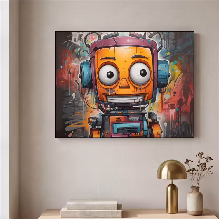 Robot - Graffiti - Oranje - Kleuren Textielframe zwart klein -sfeer2