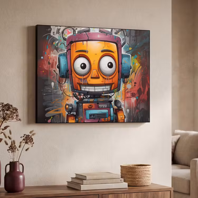 Robot - Graffiti - Oranje - Kleuren Textielframe zwart klein -sfeer3