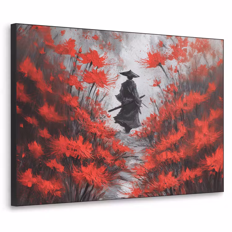 Rode bloemen - mistig - Man Textielframe - compleet frame klein -3d