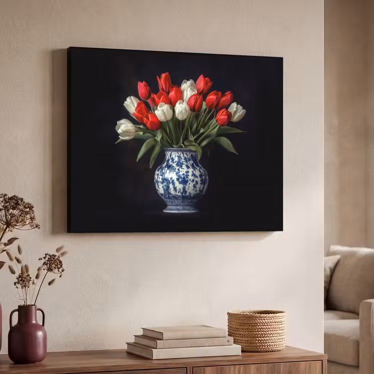 Rode - Bloemen - Tulpen - Vaas Textielframe - compleet frame klein -sfeer3