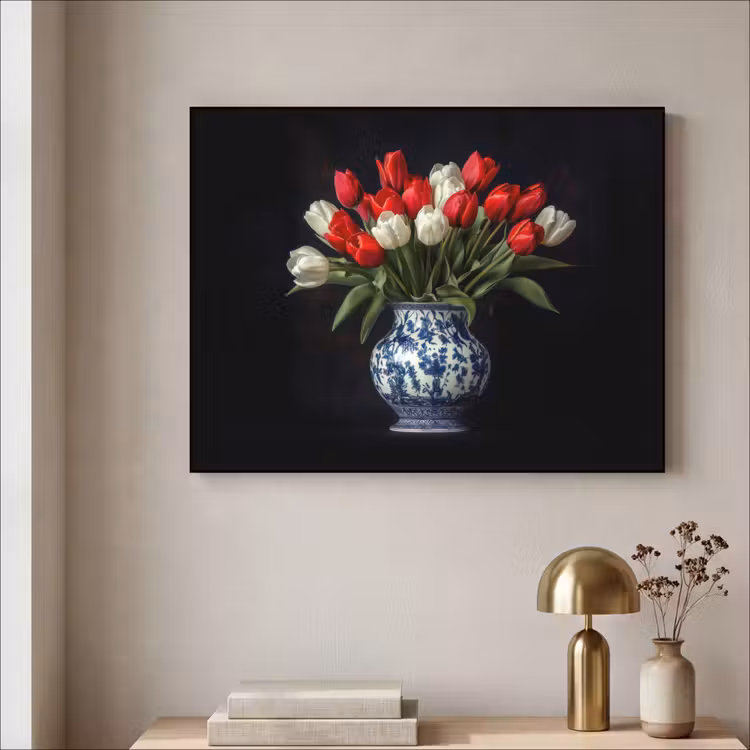 Rode - Bloemen - Tulpen - Vaas Textielframe zwart klein -sfeer2