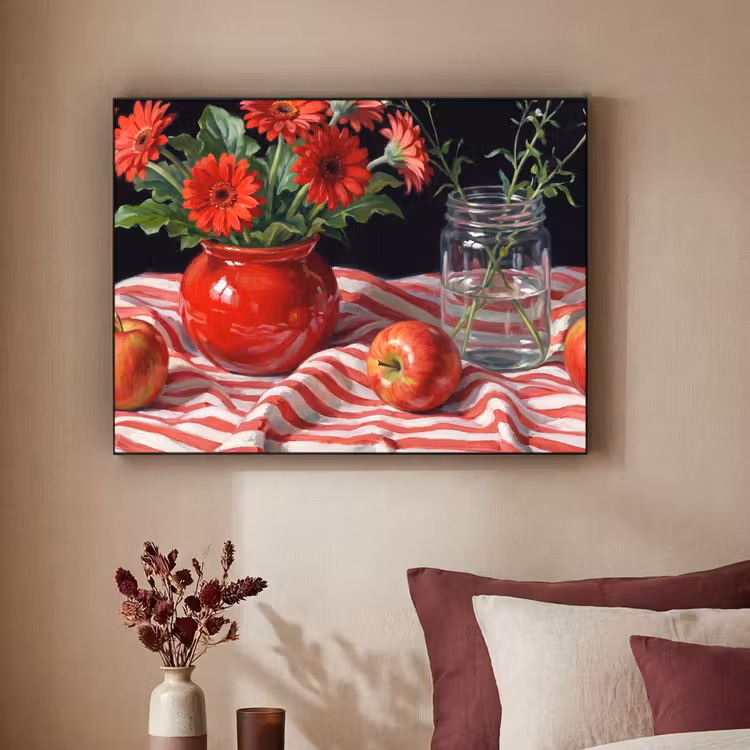 Art frame - Rode bloemen - Vaas - Rode bloemen - Vaas Textielframe zwart klein