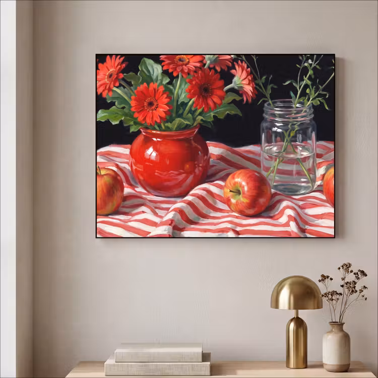 Art frame - Rode bloemen - Vaas - Rode bloemen - Vaas Textielframe zwart klein