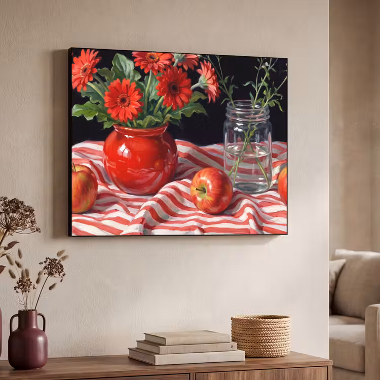 Art frame - Rode bloemen - Vaas - Rode bloemen - Vaas Textielframe zwart klein
