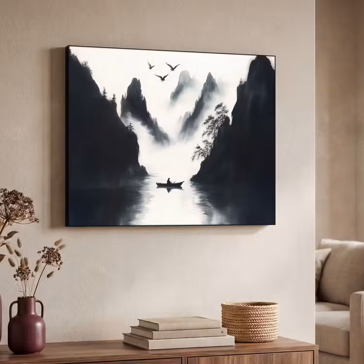 Roeiboot - Mistig - Bergen - Vogels Textielframe zwart klein -sfeer3