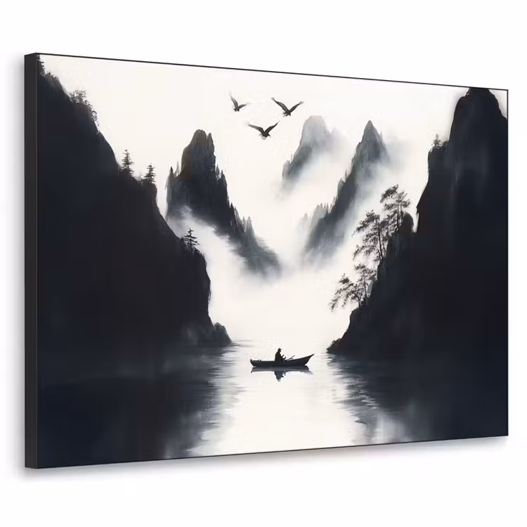 Roeiboot - Mistig - Bergen - Vogels Textielframe zwart klein -3d