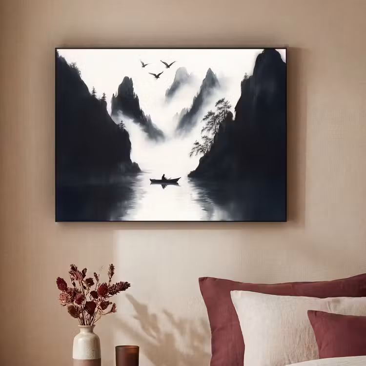 Roeiboot - Mistig - Bergen - Vogels Textielframe zwart klein -sfeer1