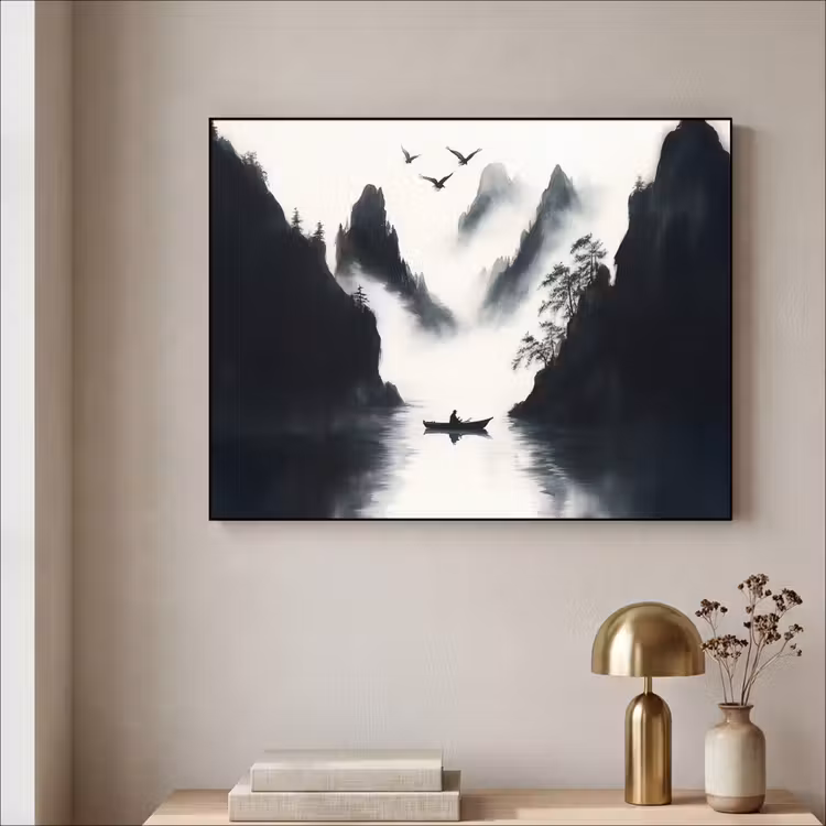 Roeiboot - Mistig - Bergen - Vogels Textielframe - compleet frame klein -sfeer2