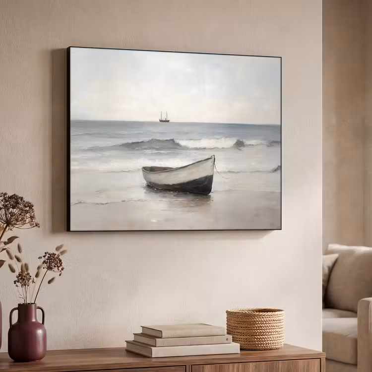 Roeiboot - Zee - Horizon Textielframe zwart klein -sfeer3