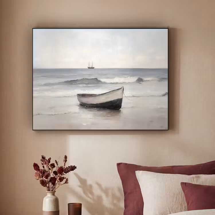 Roeiboot - Zee - Horizon Textielframe zwart klein -sfeer1