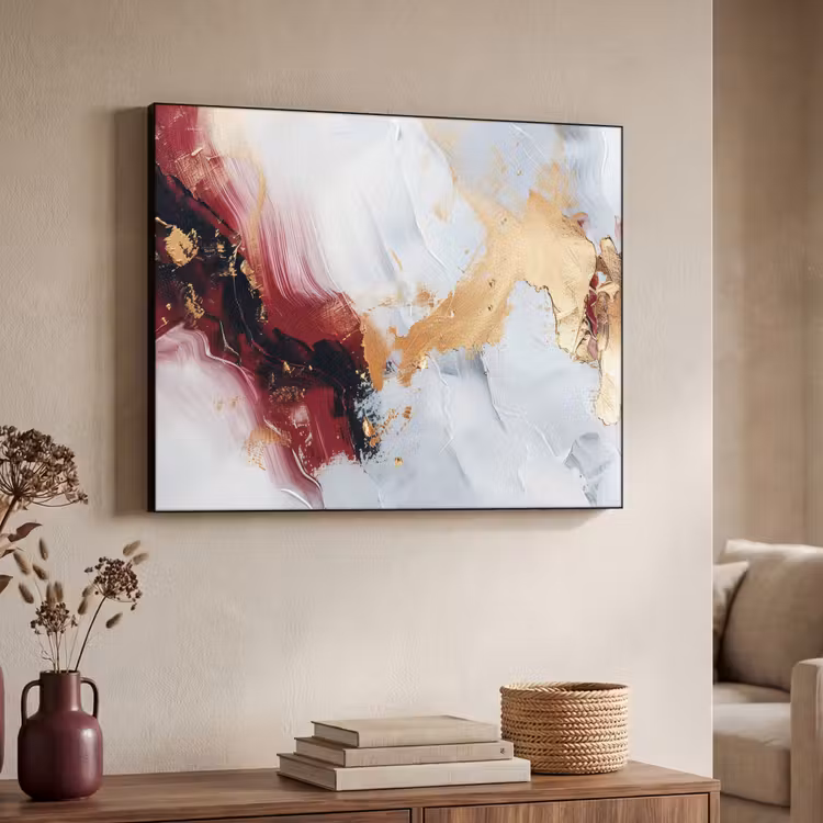 Rood - Abstract - Goud - Modern Textielframe - compleet frame klein -sfeer3