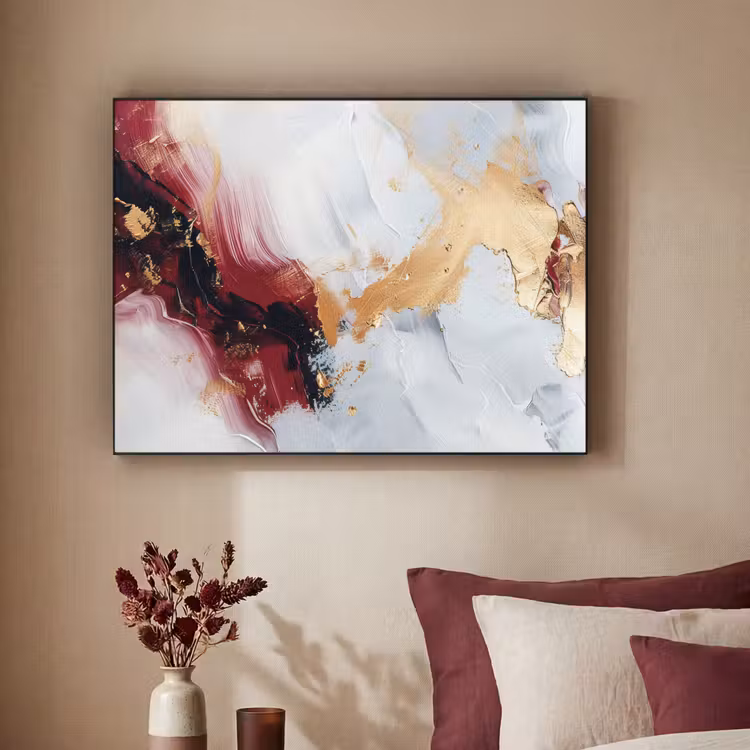 Rood - Abstract - Goud - Modern Textielframe - compleet frame klein -sfeer1