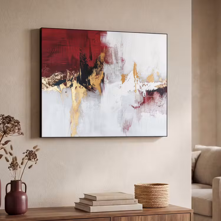 Rood - Marmer - Abstract - Goud - Modern Textielframe zwart klein -sfeer3