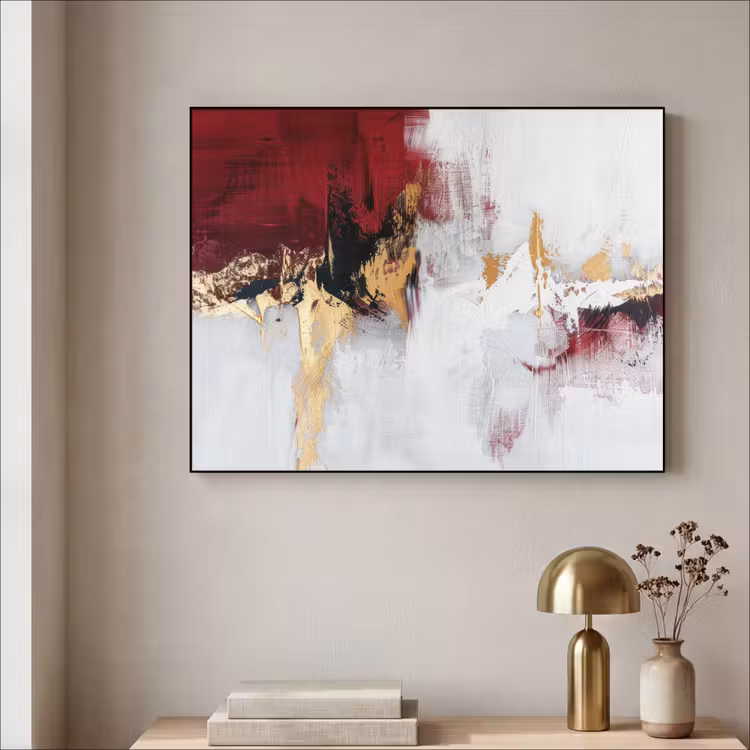 Rood - Marmer - Abstract - Goud - Modern Textielframe - compleet frame klein -sfeer2