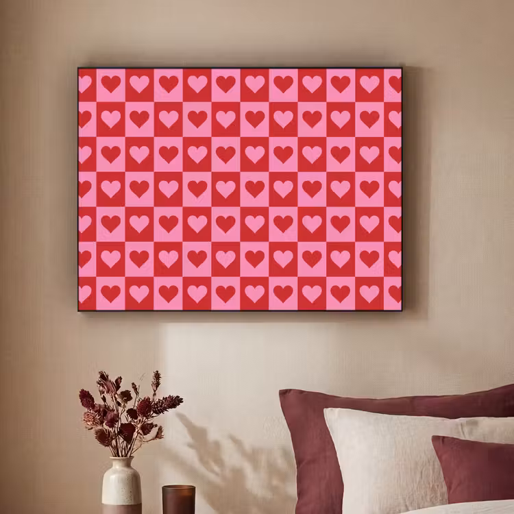 Rood - Roze - Schaakbord - Valentijn Textielframe zwart klein -sfeer1