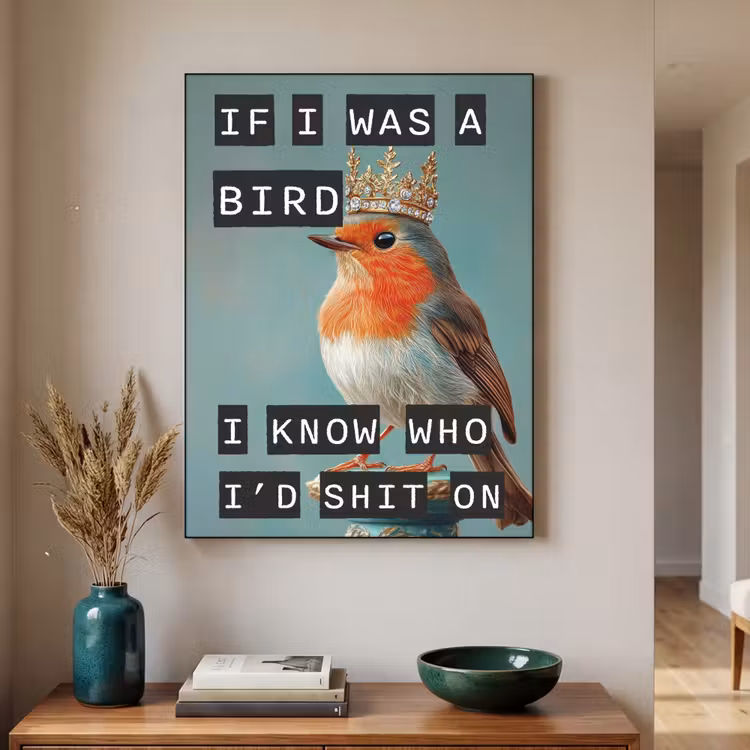 Roodborstje - Vogel - Blauw - Decoratie Textielframe zwart klein -sfeer1