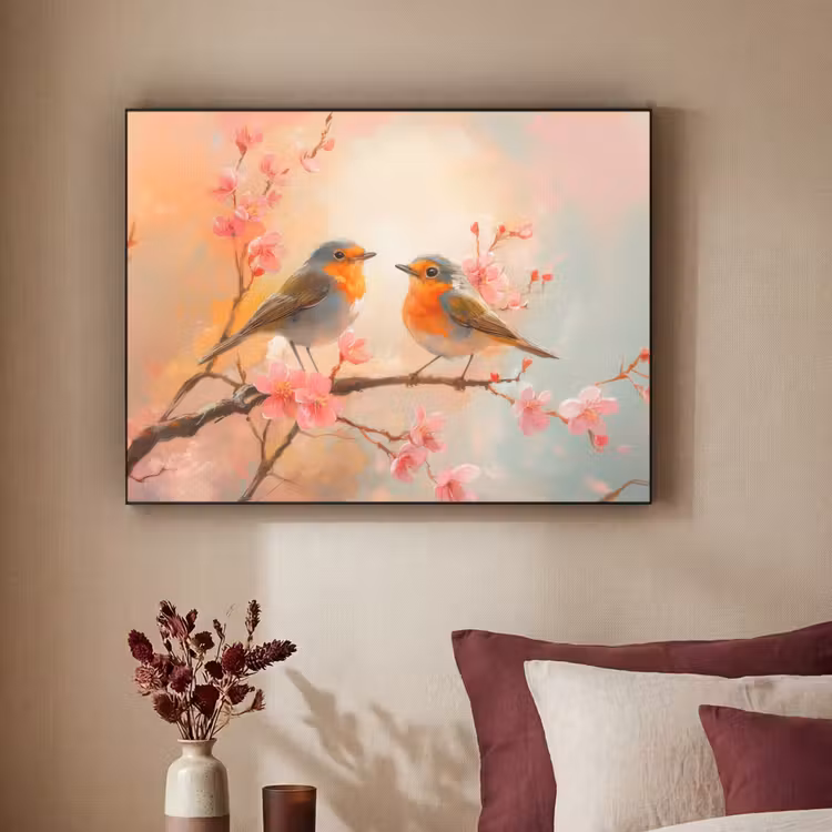 Roodborstjes - Sierlijk - Bloesemtak Textielframe - compleet frame klein -sfeer1