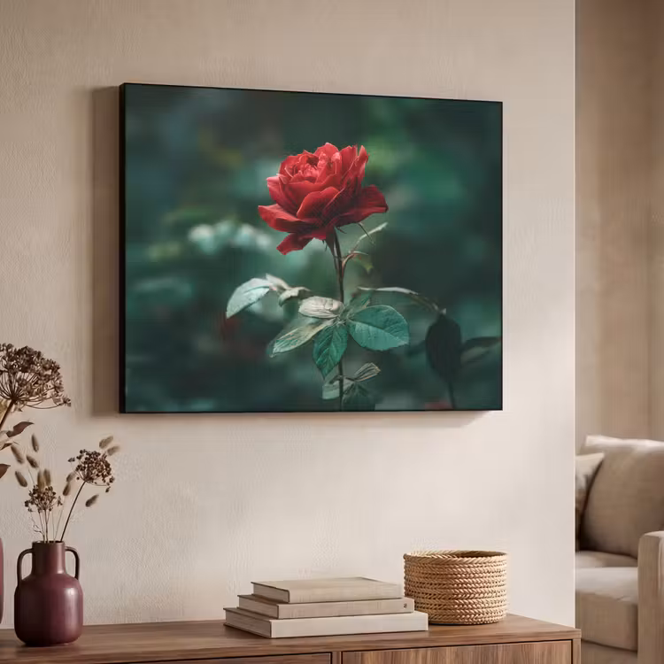 Roos - Bladeren - Dieprood Textielframe - compleet frame klein -sfeer3