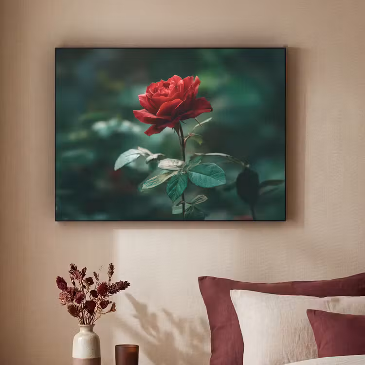 Roos - Bladeren - Dieprood Textielframe - compleet frame klein -sfeer1