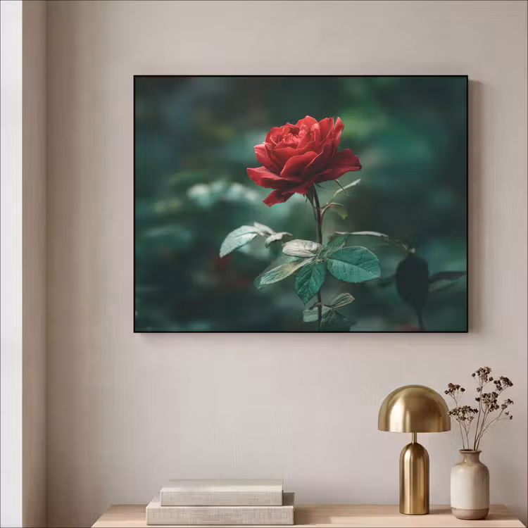 Roos - Bladeren - Dieprood Textielframe zwart klein -sfeer2