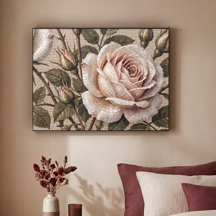 Roos - Mozaïek - Bloemen - Klassiek - Beige Textielframe zwart klein -sfeer1