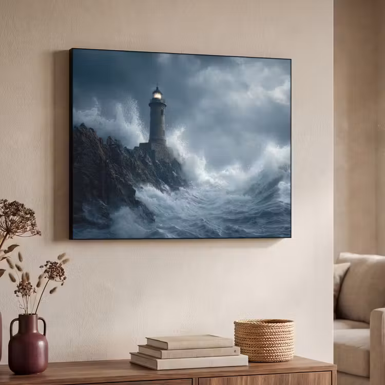 Rotsen - Vuurtoren - Golven - Klliffen Textielframe zwart klein -sfeer3