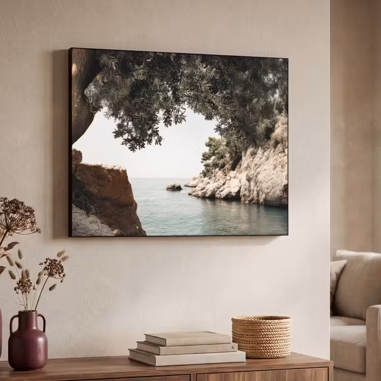 Rotsen - Zee - Boom - Groen Textielframe zwart klein -sfeer3