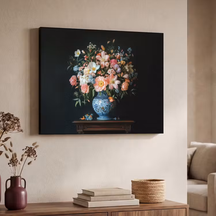 Roze - Bloemen - Vaas - Kleuren Textielframe zwart klein -sfeer3