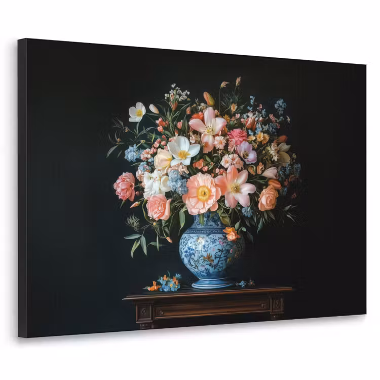 Roze - Bloemen - Vaas - Kleuren Textielframe zwart klein -3d