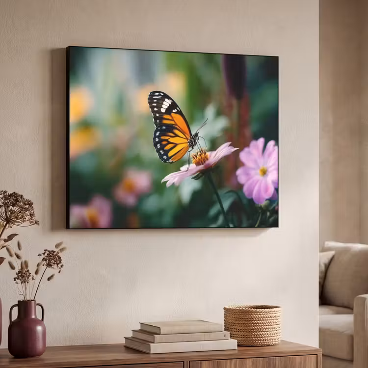 Roze bloemen - Vlinder - Zachte focus Textielframe zwart klein -sfeer3