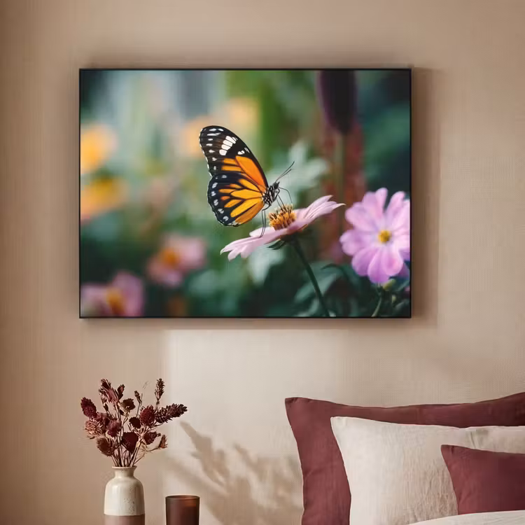 Roze bloemen - Vlinder - Zachte focus Textielframe - compleet frame klein -sfeer1