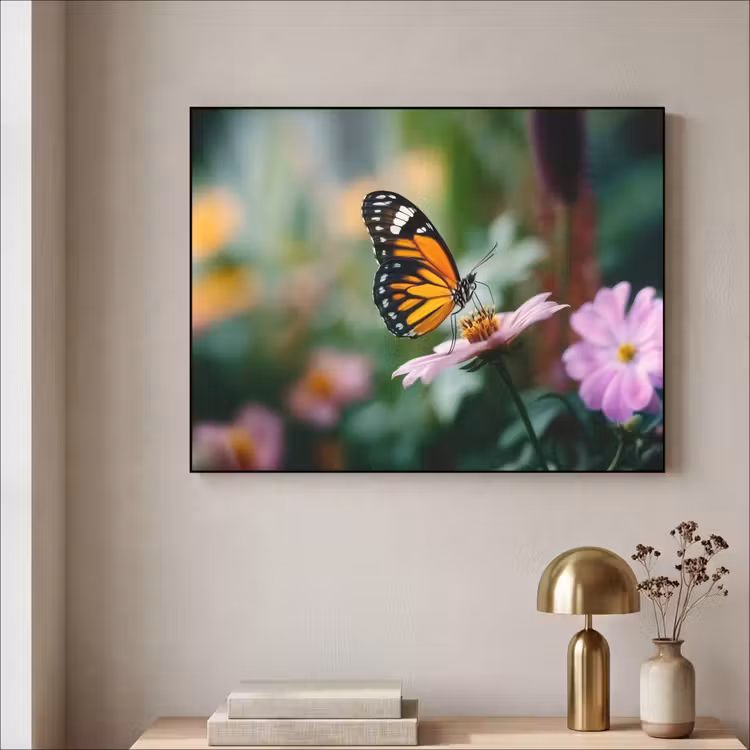 Roze bloemen - Vlinder - Zachte focus Textielframe - compleet frame klein -sfeer2