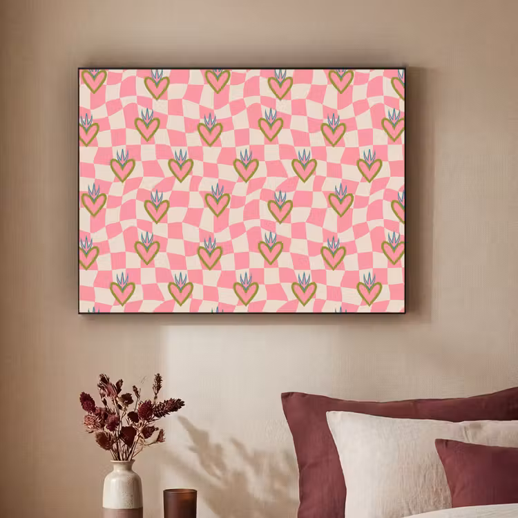 Roze - Retro - Patroon - Geblokt Textielframe zwart klein 947 -sfeer1