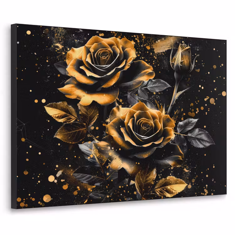 Rozen - Goud - Zwart - Bloemen - Modern Textielframe zwart klein -3d