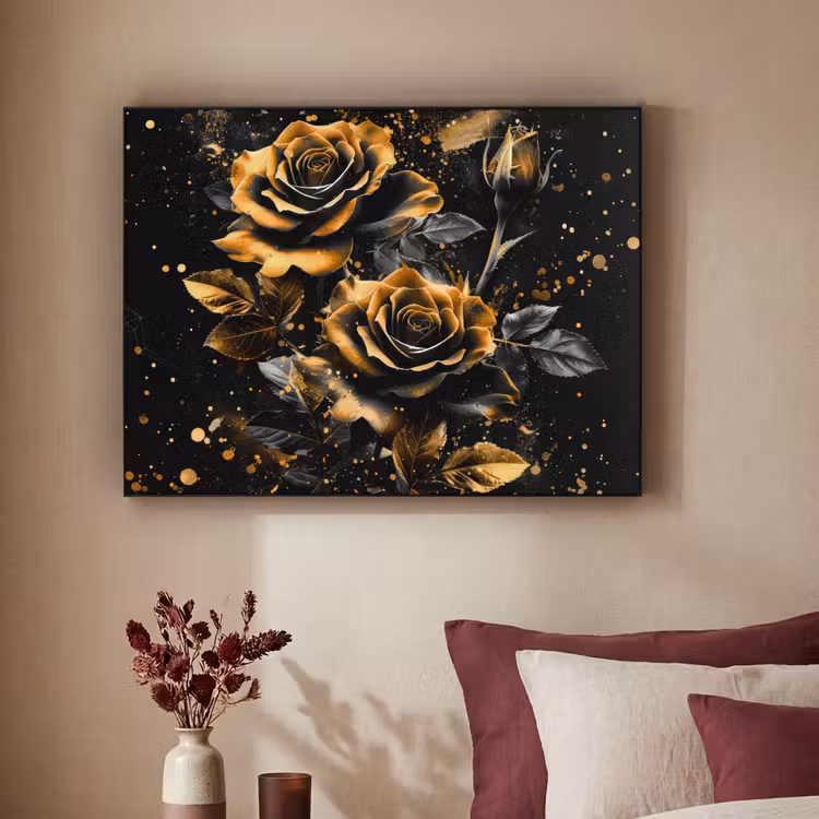 Rozen - Goud - Zwart - Bloemen - Modern Textielframe zwart klein -sfeer1