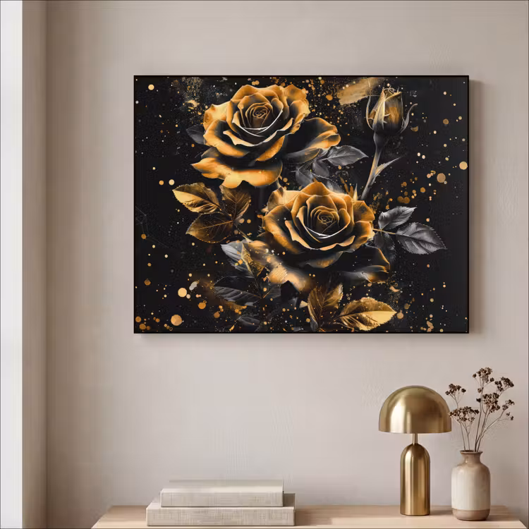 Rozen - Goud - Zwart - Bloemen - Modern Textielframe zwart klein -sfeer2