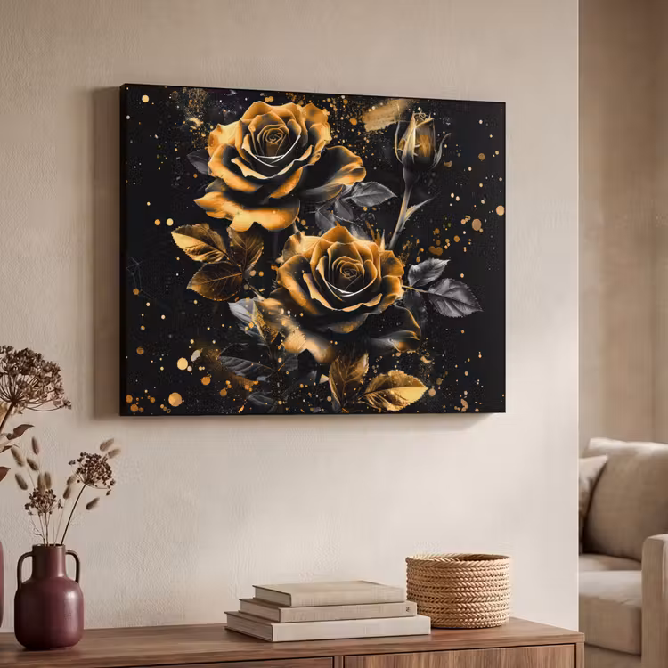 Rozen - Goud - Zwart - Bloemen - Modern Textielframe zwart klein -sfeer3