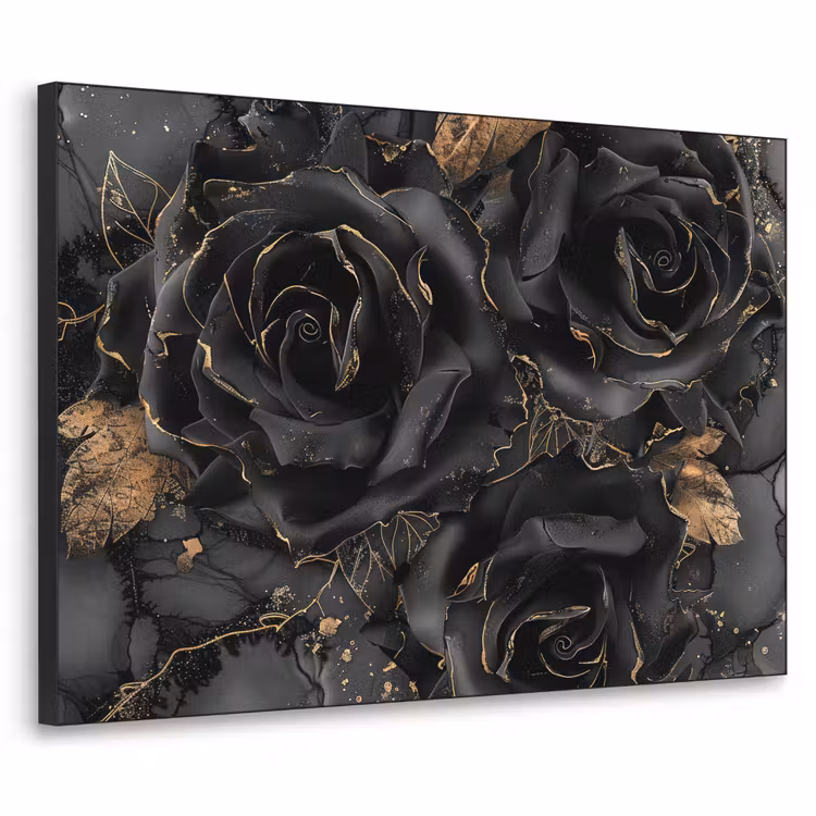 Rozen - Zwart - Bloemen - Goud Textielframe zwart klein -3d