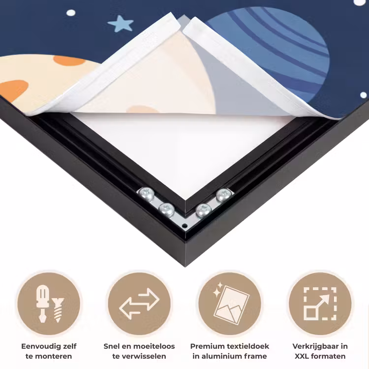 Ruimte - Planeten - Kleurrijk Textielframe zwart klein -USP_closeupNL