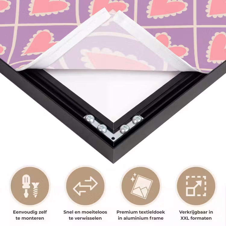 Ruit - Patroon - Paars - Hartjes Textielframe zwart klein 947 -USP_closeupNL